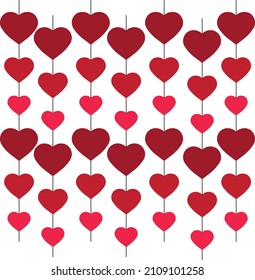 Romantic pattern with red hearts. Colorful hearts on a white background. Ready-made template for design, postcards, printing, poster, party, Valentine's Day, vintage textiles. Vector.