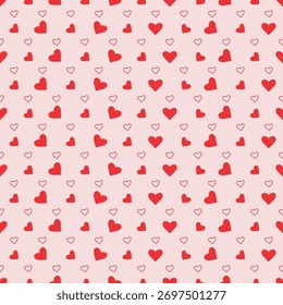 Patrón romántico de corazones rojos. Patrón de corazón sobre fondo rosa . Ilustración vectorial. Superficie para envolver papel, papel digital, camisas, paños. Amor y concepto romántico .Abstractas.

