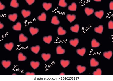 Romantic  pattern with red hearts and the word love on a black background. Romantic Valentine's Day design background template for branding, wallpapers, packaging, website banner