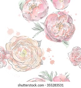 Romantic pattern with roses and peonies. Imitation of watercolor