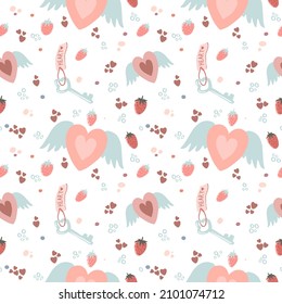 Romantic pattern for saint valentine's day with vintage key and angel wings heart