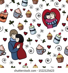 Romantic pattern. Seamless texture. Embrace. Love couple. Husband and wife. Candles, coffee, love. Hygge, Cozy Home. - Vector. Vector illustration