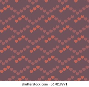 Romantic pattern, small pink hearts and zigzag lines on brown background, beautiful wrapping paper for appealing gifts