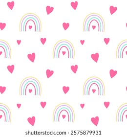 Romantic pattern with summer rainbow with hearts. Pattern in pink and blue colors, romance, love, Valentines Day, wedding. Cute cozy background in warm colors.