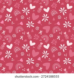 Padrão romântico para um banner do Dia dos Namorados com corações vermelhos e cor-de-rosa. Textura para tecido, embalagem e papel de parede. Impressão decorativa.