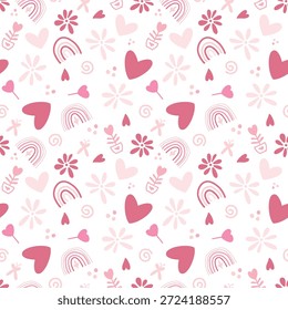 Romantic pattern for a Valentine's Day banner with red and pink hearts. Texture for fabric, packaging, and wallpaper. Decorative print.
