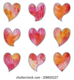 Romantic pattern with watercolor hearts on the white background. Designed for Valentine's Day.