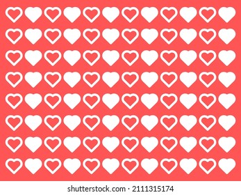 Romantic pattern of white hearts with pink background. Colorful doodle hearts on pink background. Templates ready for design, postcard, print, poster, party, Valentine's day, Vector.