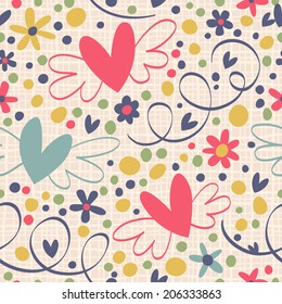 Romantic pattern with winged hearts, flowers, confetti and serpentine. Seamless vector background.
