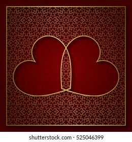 Romantic patterned background with frame of two hearts