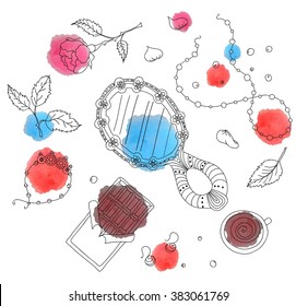 Romantic pattern.Vector pattern doodle of many elements.Women's accessories.
