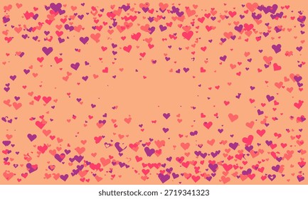 Fundo de pêssego romântico adornado com uma dispersão de corações rosas e roxas.  Perfeito para o Dia dos Namorados, temas de amor ou designs de celebração.