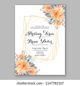 Romantic peach orange dahlia chrysanthemum peony greenery bouquet bride wedding invitation template design Vector floral background party celebration bridal baby shower congratulation greeting card