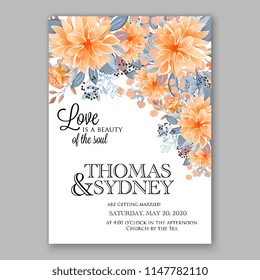 Romantic peach orange dahlia chrysanthemum peony greenery bouquet bride wedding invitation template design Vector floral background party celebration bridal baby shower congratulation greeting card