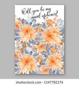 Romantic peach orange dahlia chrysanthemum peony greenery bouquet bride wedding invitation template design Vector floral background party celebration bridal baby shower congratulation greeting card
