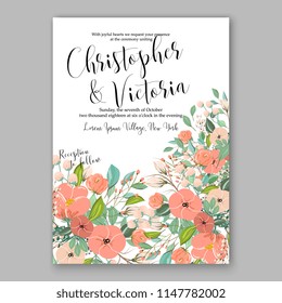 Romantic peach popp peony greenery bouquet bride wedding invitation template design. Vector floral template background for party celebration bridal baby shower anniversary congratulation greeting card