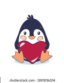 The romantic penguin is sitting and holding a big red heart. Cute animal for Valentine s Day. Vector illustration for a baby shower on a white background, flat cartoon design
