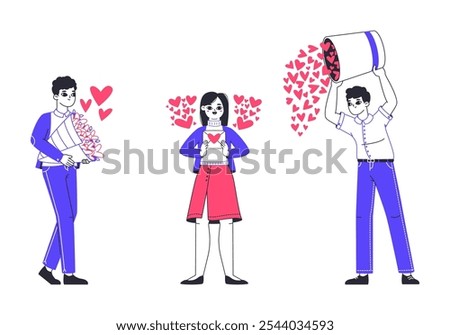 Romantic people. Cheerful characters with hearts, Valentines day love sharing, romantic people giving hearts to beloved ones flat vector illustration set. People in love on white