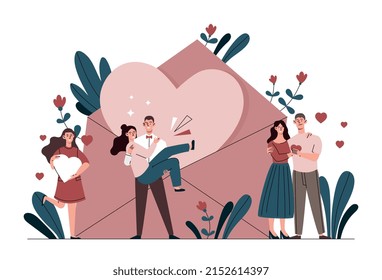 Romantic people concept. Men and girls on background of envelope with letter. Romantic date, love and care. Remote communication of young couples or families. Cartoon flat vector illustration