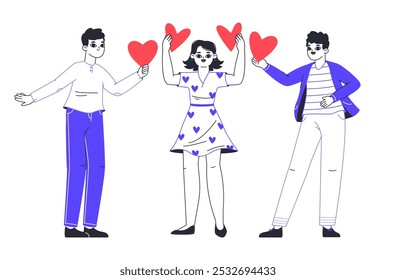 Romantic people in love. Cheerful characters sharing and giving hearts, love sharing, valentines day love letters flat vector illustration set. Men and women giving hearts