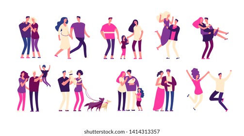 Romantic people set. Happy couples hug kiss boyfriend girlfriend lover beautiful young romantic family man woman love isolated vectors