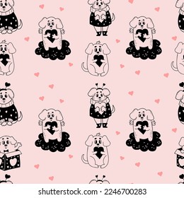 Romantic pet seamless pattern. Cute enamored dogs with hearts on light pink background. Vector illustration in doodle style. Endless background for valentines, wallpapers, packaging, print