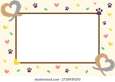 Romantic pet tails frame with copy space. Valentine's Day background featuring dog and cat tails forming heart shapes. Vector flat design border for animal lover greeting card.