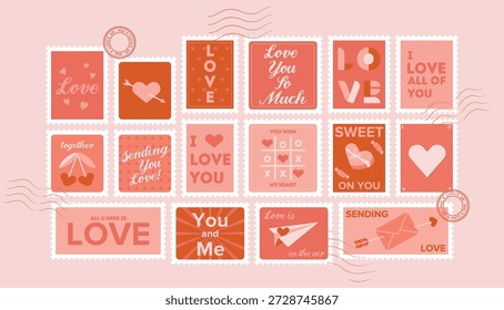 Colección romántica de filatelia con un conjunto de sellos postales para lindas cartas de amor con patrones de corazón y bordes perforados. Postales creativos para la Ilustración vectorial por correspondencia del Día de San Valentín