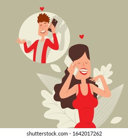 Romantic phone conversation in distant relationship vector illustration. Boyfriend and girlfriend talking on phone, man and woman cartoon characters. Couple in distant relationship, girl calling lover
