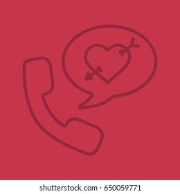 Romantic phone talk color linear icon. Handset with heart and arrow inside speech bubble. Thin line outline symbols on color background. Vector illustration