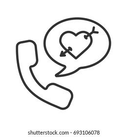 Romantic phone talk linear icon. Thin line illustration. Handset with heart and arrow inside speech bubble. Contour symbol. Vector isolated outline drawing