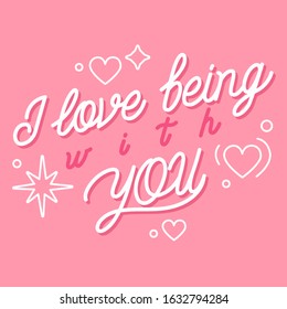 Romantic phrase or quote with  handwritten cursive calligraphic font decorated by cute elements. Love and passion inscription isolated on pink background. For Valentines design. Vector illustration.