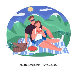 Pancarta romántica vectorial 2D, afiche. Hombre y mujer sentados en una manta. Personajes planos de novio y novia sobre el fondo de las caricaturas. Parche doble imprimible vacacional, elemento web colorido