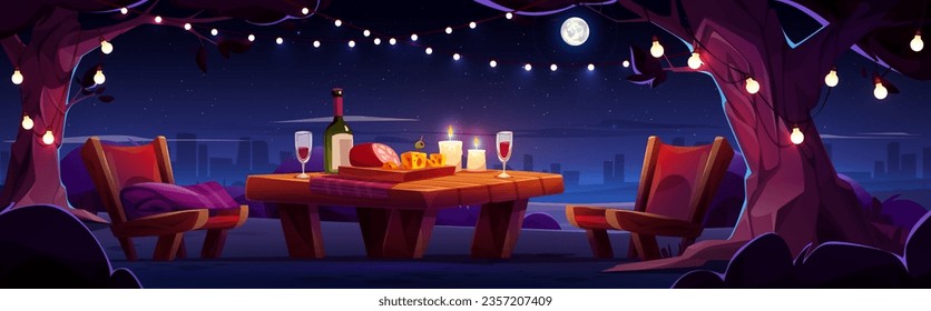 Romantic picnic in city park with table and chair vector background illustration. Outdoor date dinner setup with cityscape view. Cheese, sausage and wine bottle above starry sky backdrop concept.