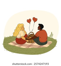 Romantic Picnic Date with Balloons and Basket Outdoors