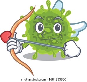 Romantic picture of coronavirus Cupid cartoon character with arrow and wings