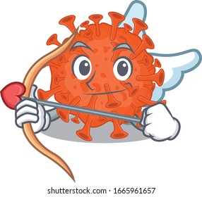 Romantic picture of electron microscope coronavirus Cupid cartoon character with arrow and wings