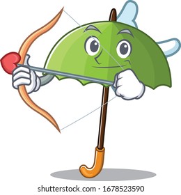 Romantic picture of green umbrella Cupid cartoon character with arrow and wings