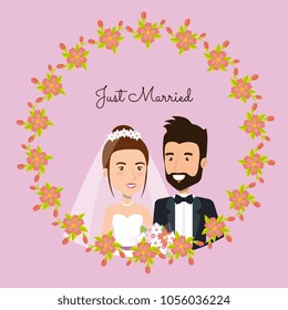 romantic picture of just married couple with floral frame