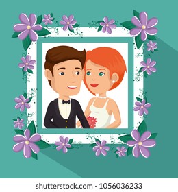 romantic picture of just married couple with floral frame