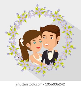 romantic picture of just married couple with floral frame