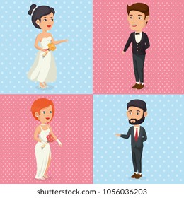 romantic picture of just married set characters posing