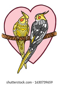 Romantic picture with a pair of parrots sitting on a branch. Coloring page. Vector illustration.