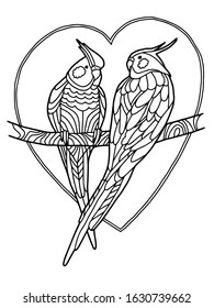 Romantic picture with a pair of parrots sitting on a branch. Coloring page. Vector illustration isolated on white background.