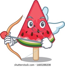 Romantic picture of watermelon ice cream Cupid cartoon character with arrow and wings