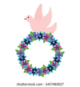 romantic pigeon with wreath flowers decoration vector illustration