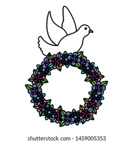 romantic pigeon with wreath flowers decoration vector illustration