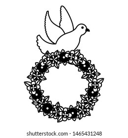 romantic pigeon with wreath flowers decoration vector illustration