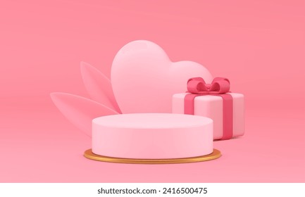 Romántico peatón 3d de podio rosa con corazón y caja de regalo para el producto muestra un fondo vectorial realista. Elegante exhibición de publicidad femenina se burla de la presentación cosmética fiesta de la venta de compras