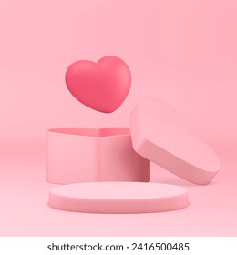 Cavilla de podio 3d rosa romántico con caja de regalo de corazón para la presentación de productos cosméticos ilustración vectorial realista. Sala de exposición femenina elegante con regalo festivo para la venta comercial